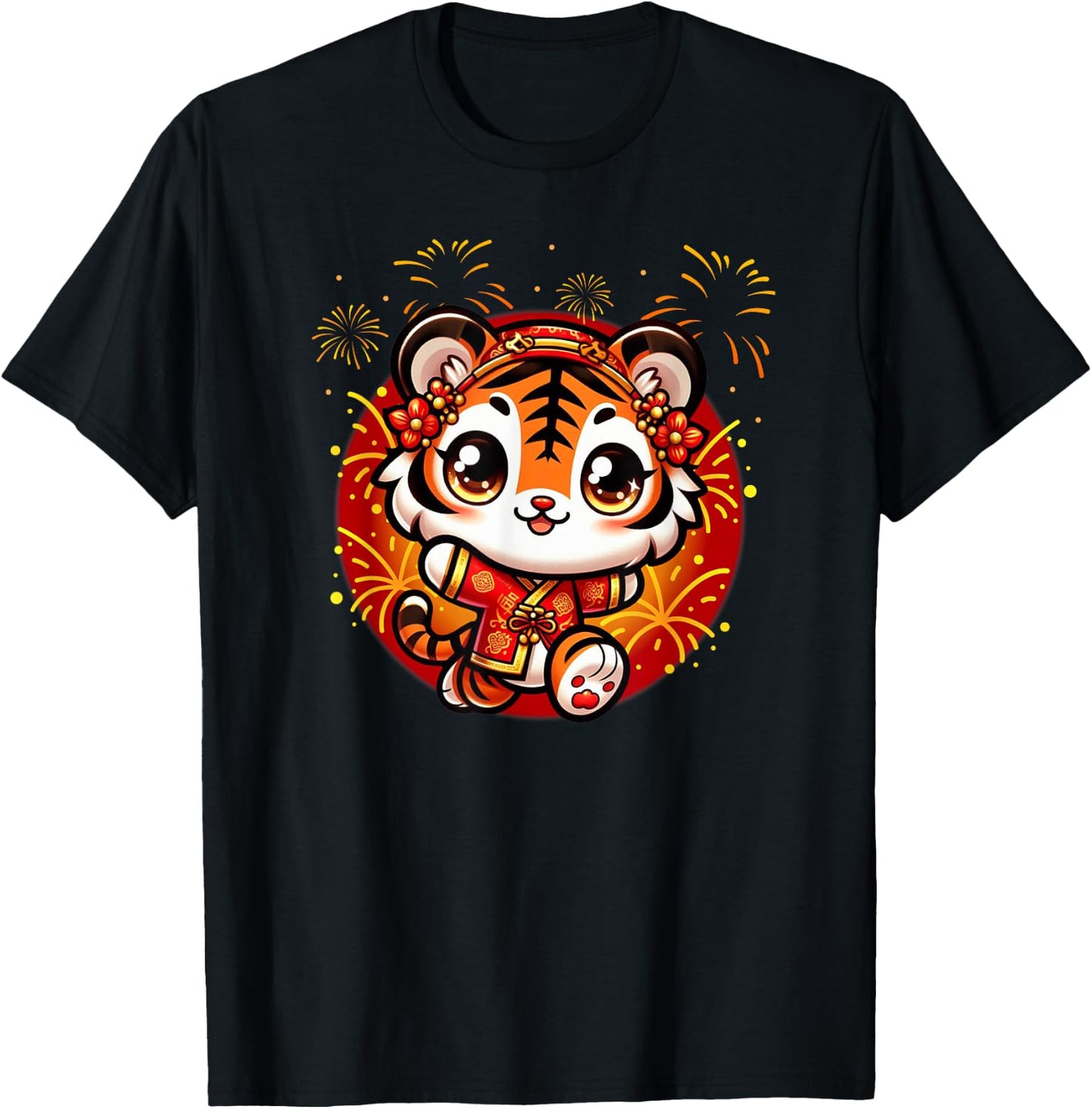 Cute Kawaii Tiger Chinese Lunar New Year Red Gold Lucky T-Shirt - T-Shirt | Black