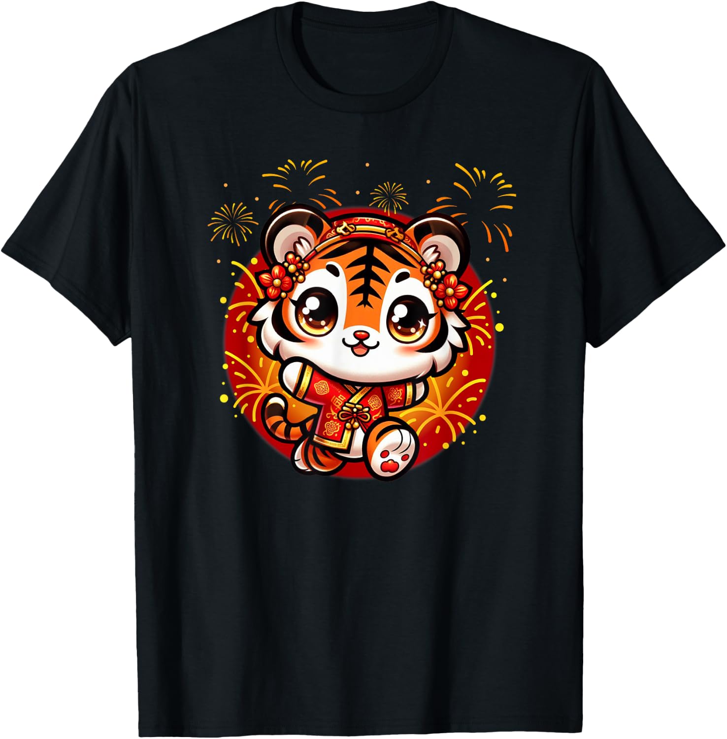 Cute Kawaii Tiger Chinese Lunar New Year Red Gold Lucky T-Shirt - T-Shirt | Black