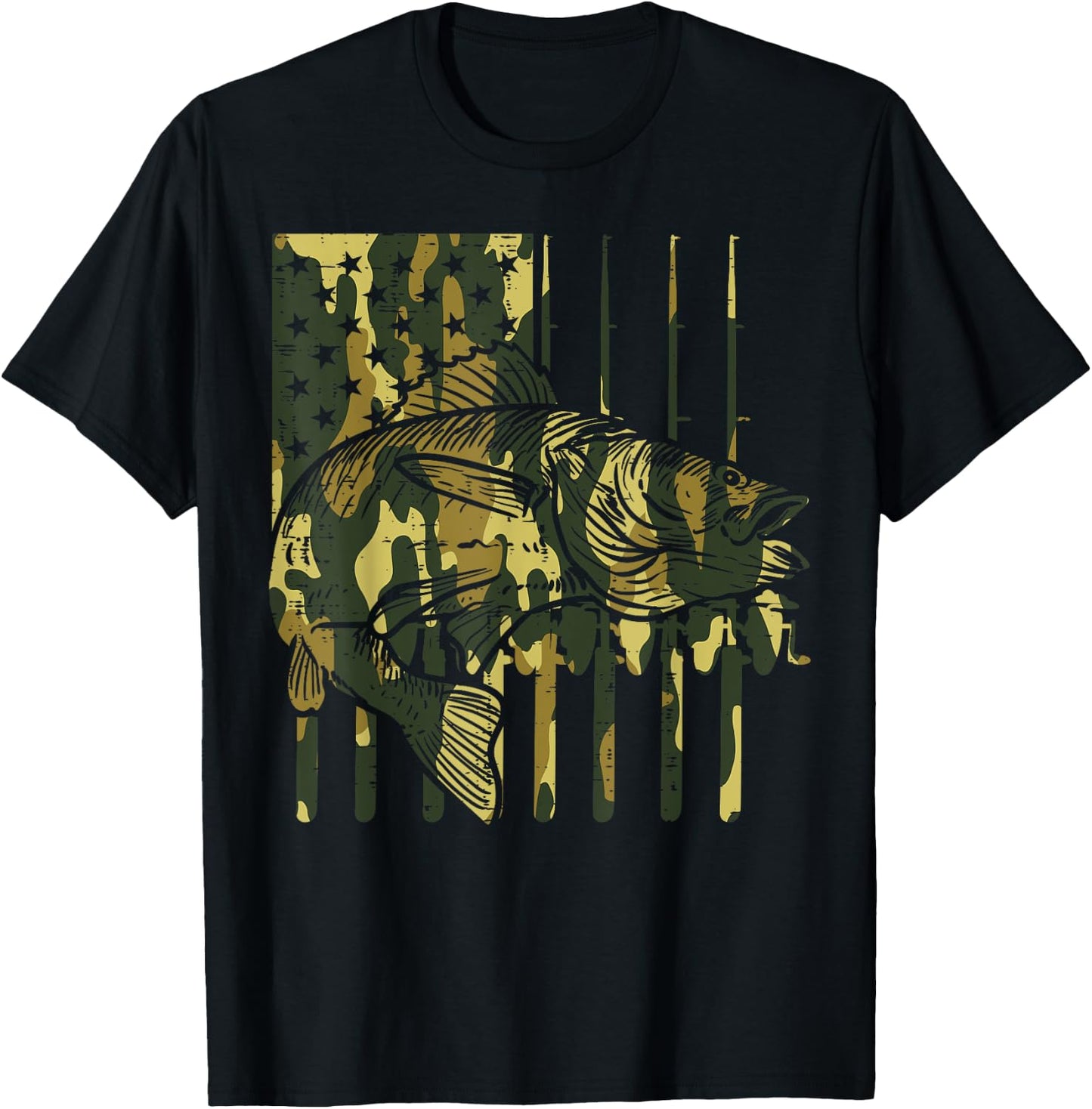 Camo US Flag Fish Vintage Fishing Patriotic Fisherman Gift T-Shirt - T-Shirt | Black
