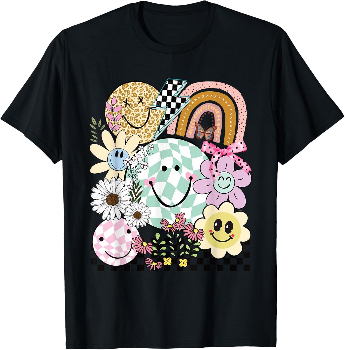 Funny Checkered Happy Smiling Smile Face Daisy Flower Girl T-Shirt - T-Shirt | Black