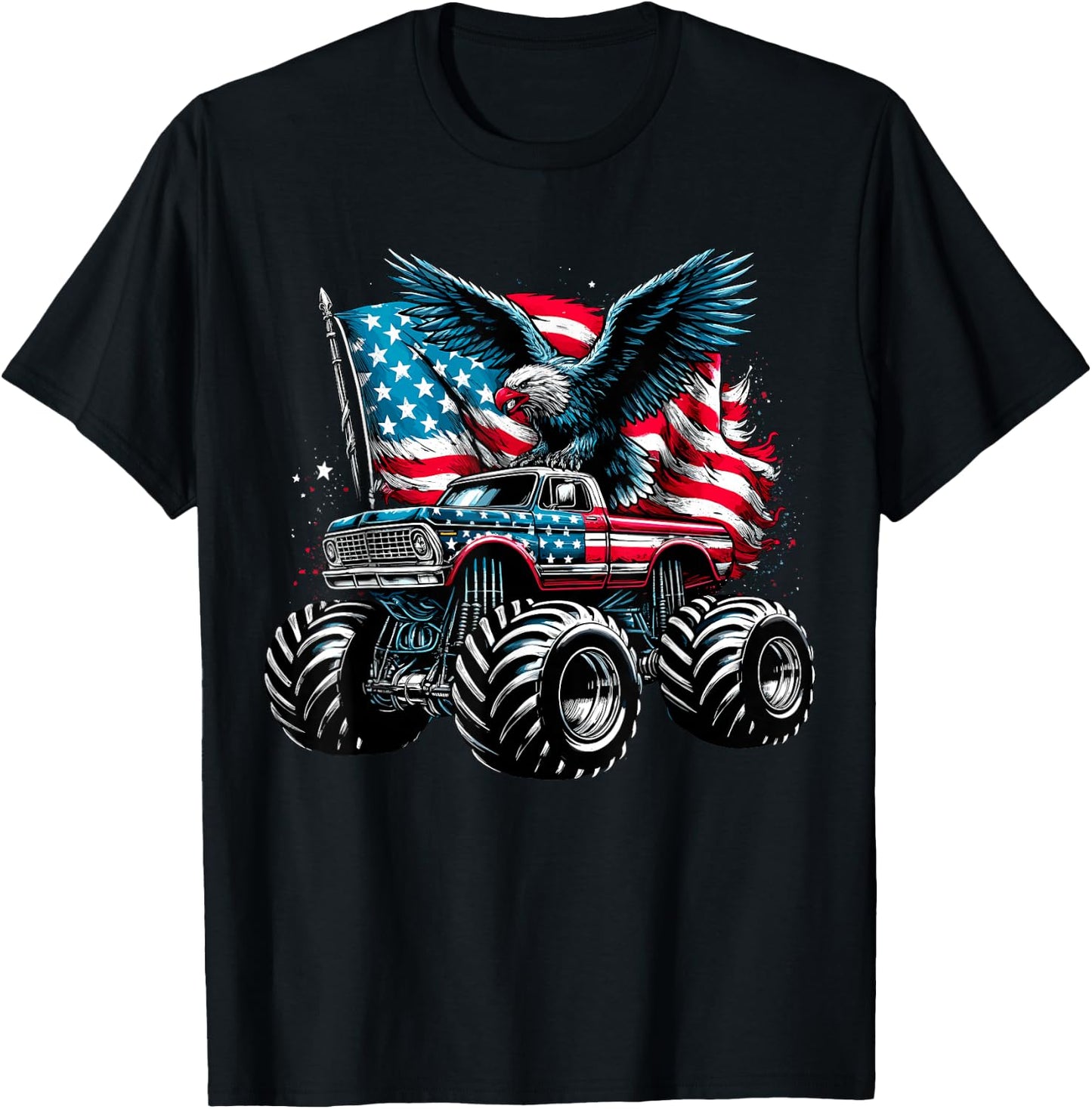Monster Truck Bald Eagle 4th of July Boys American Flag T-Shirt - T-Shirt | Black