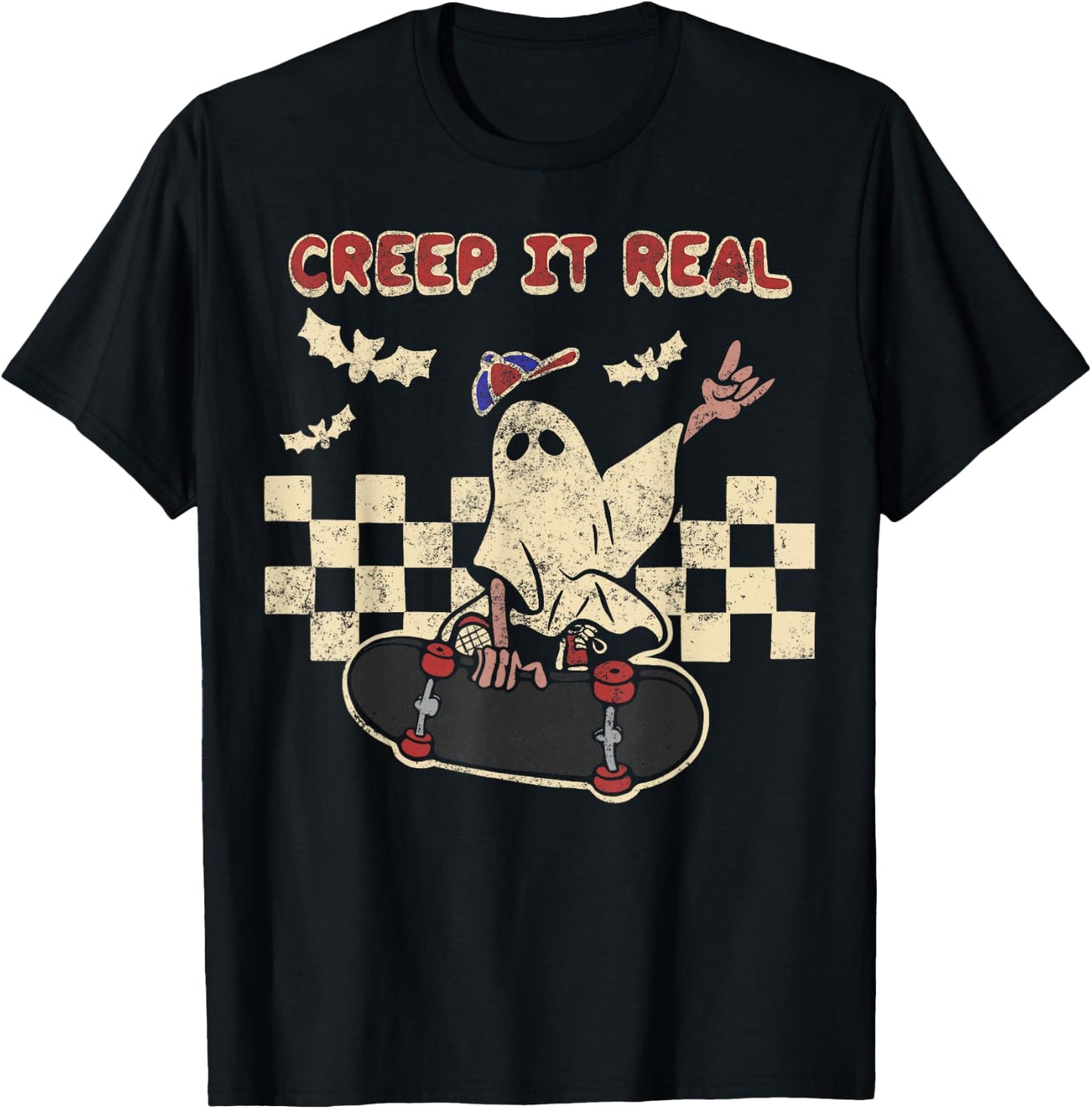 Halloween Boy Girl Retro Creep It Real Ghost on Skateboard T-Shirt - T-Shirt | Black