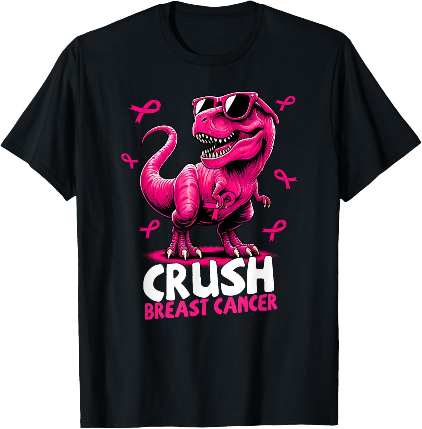 Crush Breast Cancer Dinosaur Holding Pink Ribbon Kids Mom T-Shirt - T-Shirt | Black