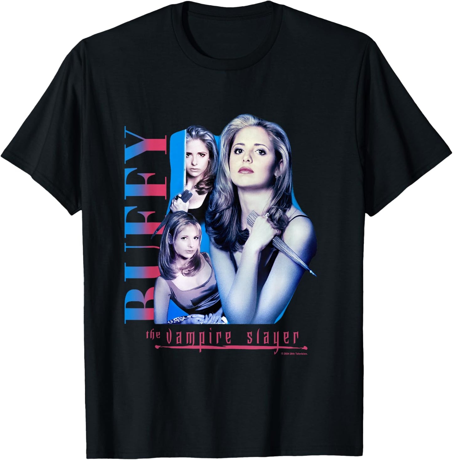 Buffy The Vampire Slayer Pink & Blue Gradient Buffy Collage T-Shirt - T-Shirt | Black