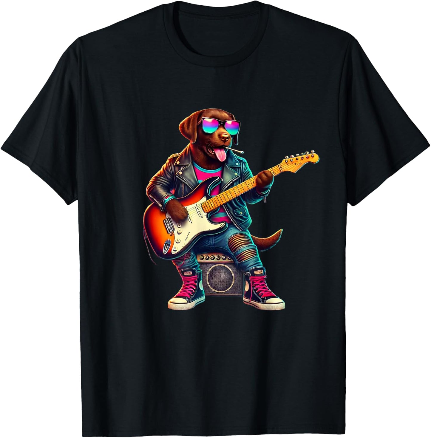 Chocolate Lab Electric Guitar Funny Dog Rock Band Musician Women Kids T-Shirt - T-Shirt | Black