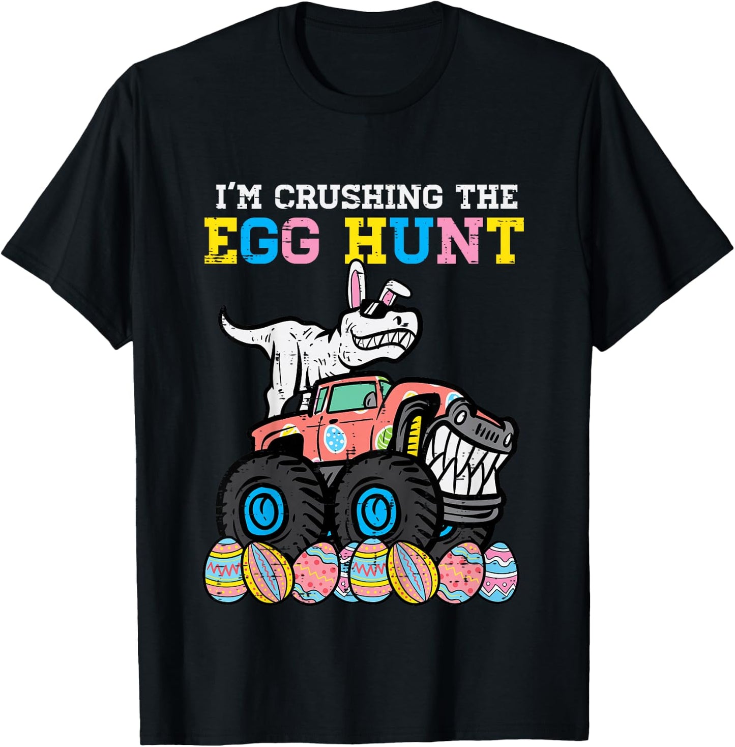 Kids Easter Im Crushing The Egg Hunt Dino Monster Truck Boys Kids T-Shirt - T-Shirt | Black