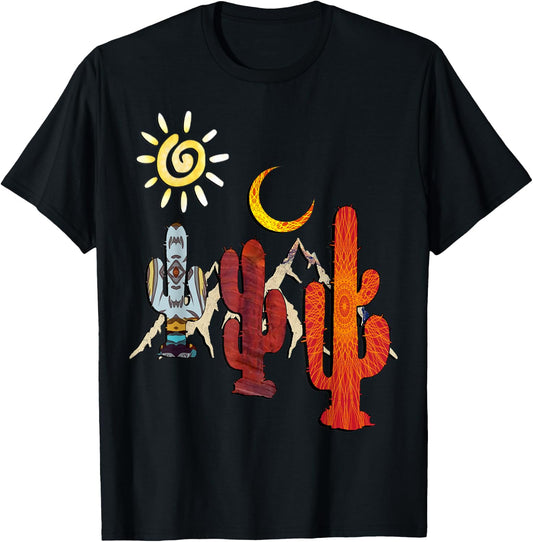 Hippie Design Sun, Moon, Mountains & Cactus T-Shirt - T-Shirt | Black