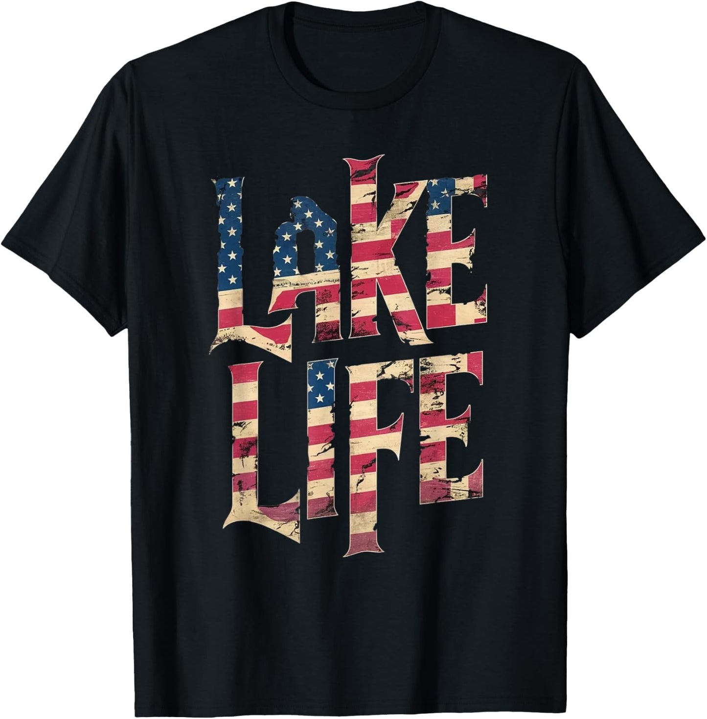 Vintage American Flag Lake Life 4th of July Patriotic Women Kids Men T-Shirt - T-Shirt | Black