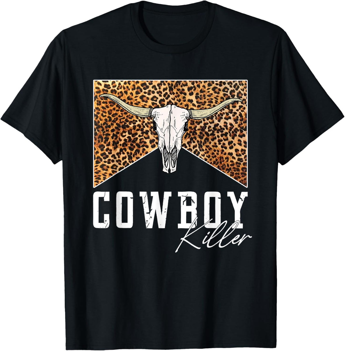 Western Cowgirl Leopard Punchy Cowboy Killers Bull Horn T-Shirt - T-Shirt | Black