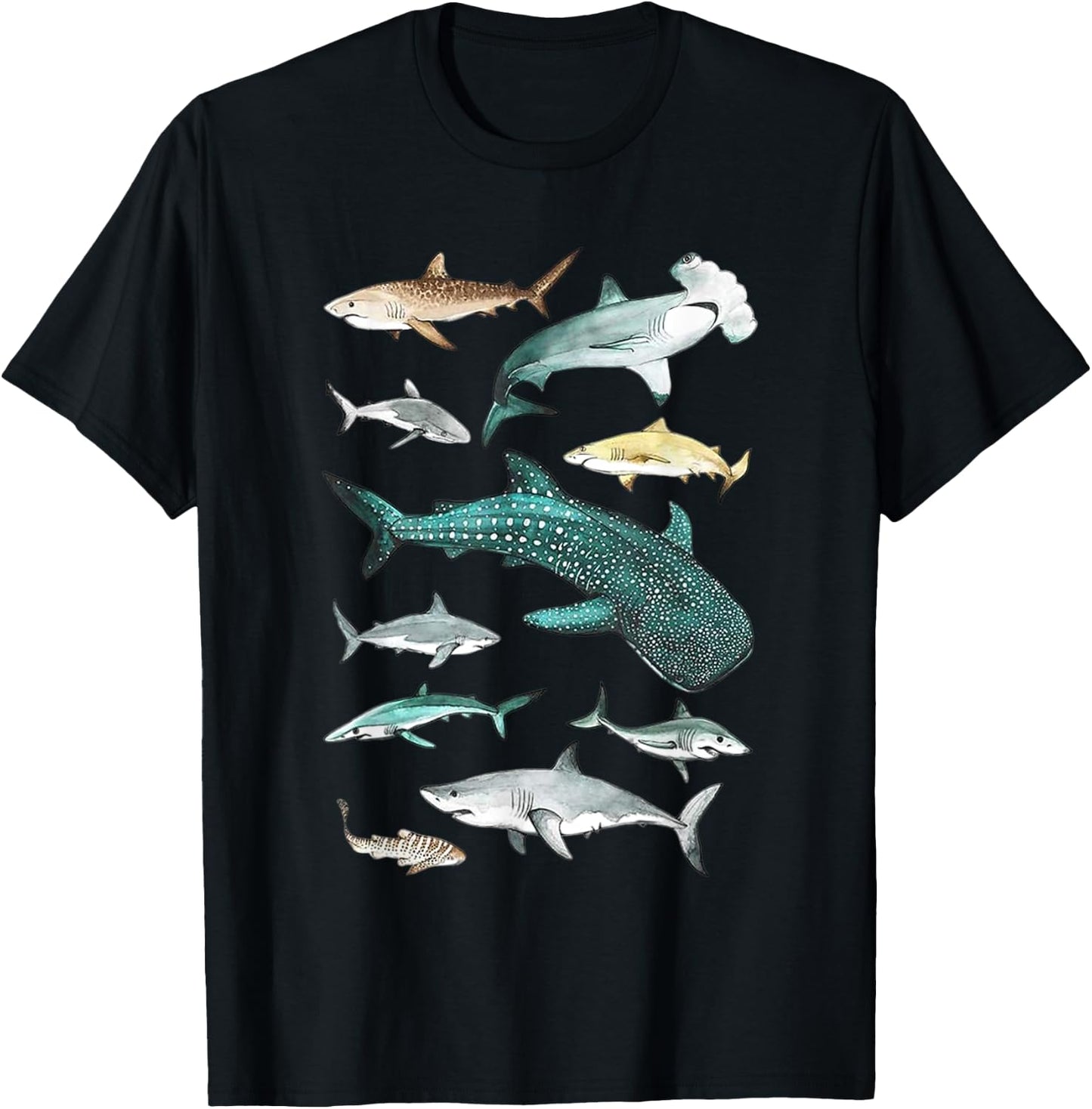 Shark Faces - Type of Shark - Shark Faces of All Kinds T-Shirt - T-Shirt | Black