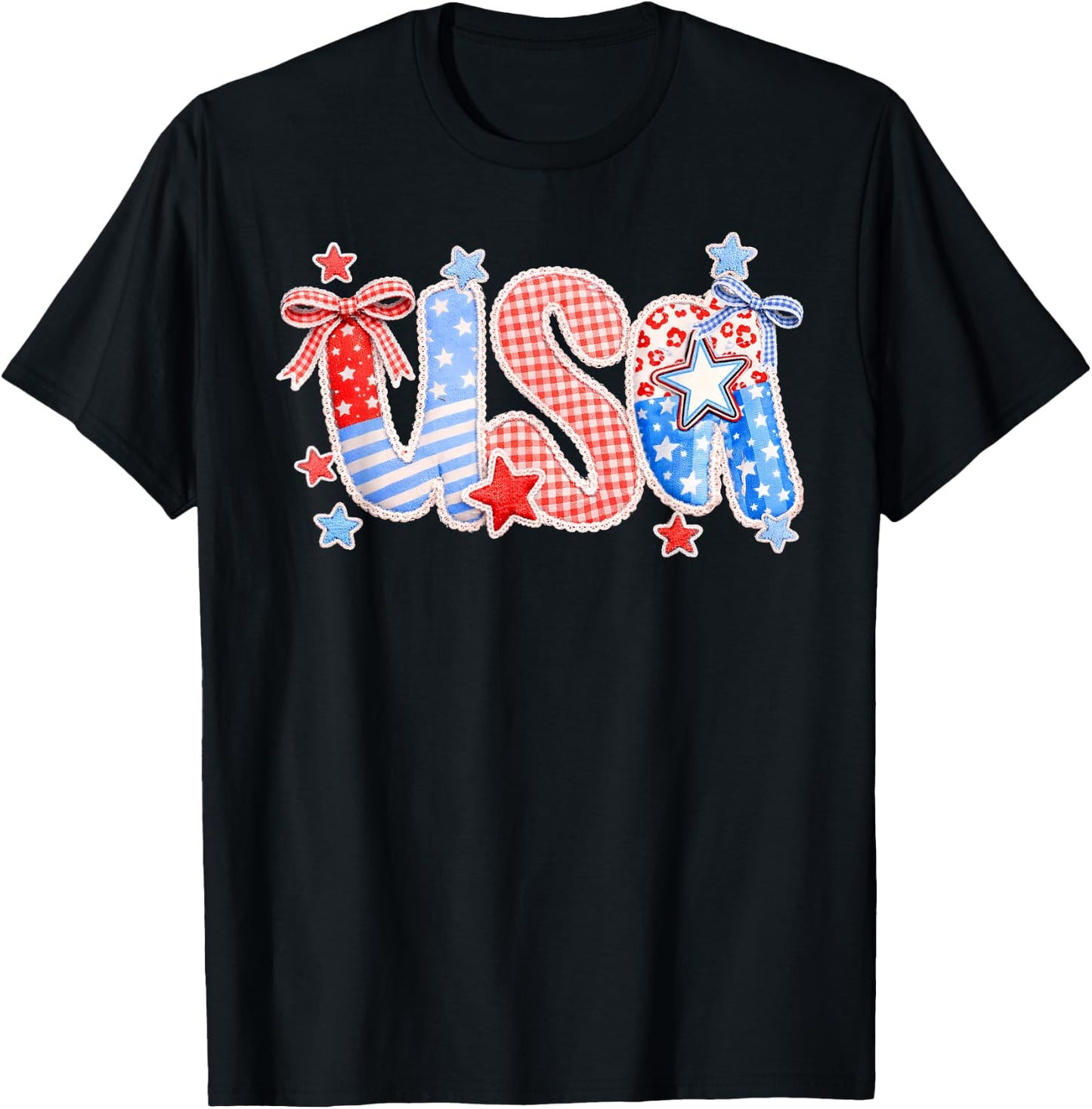 USA Coquette Bow Patchwork Lace Style 4th of July Women Girl T-Shirt - T-Shirt | Black