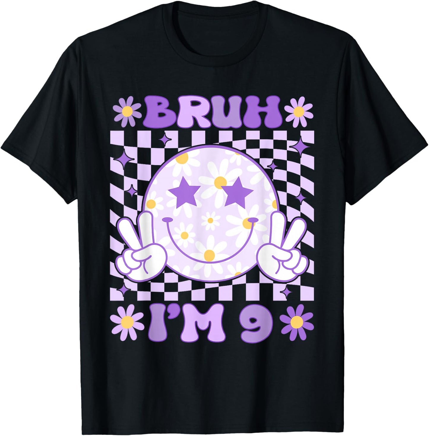 Bruh I'm 9 Years Old Purple Birthday Girls Boys 9th Birthday T-Shirt - T-Shirt | Black