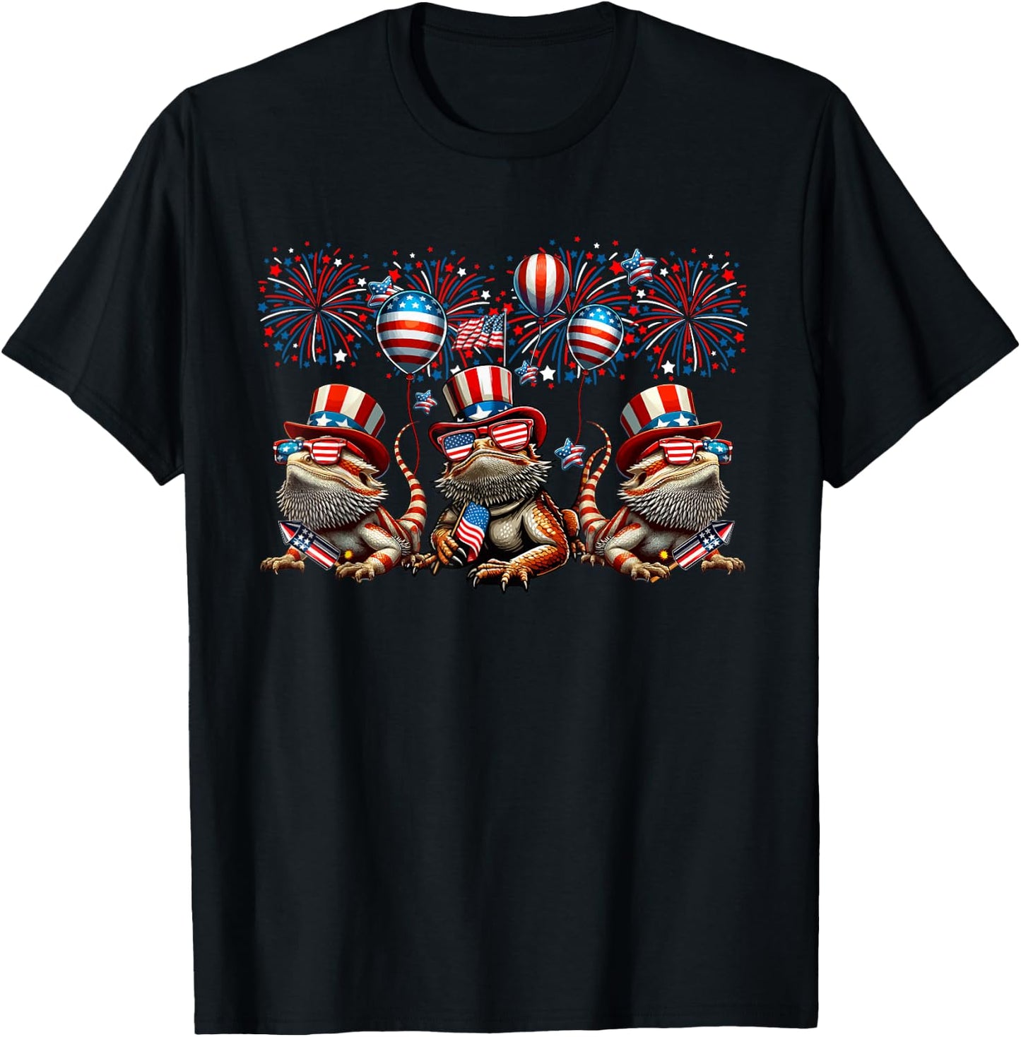 Three Cute Bearded Dragons 4th July Proud Flag Fireworks T-Shirt - T-Shirt | Black