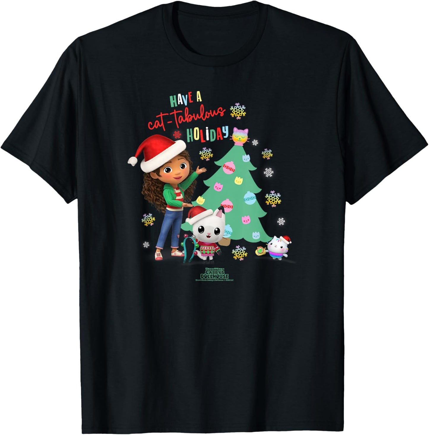 DreamWorks Gabby's Dollhouse Kids Black Cartoon Christmas , Short Sleeve, Small, Cat-tabulous Holiday T-Shirt - T-Shirt | Black