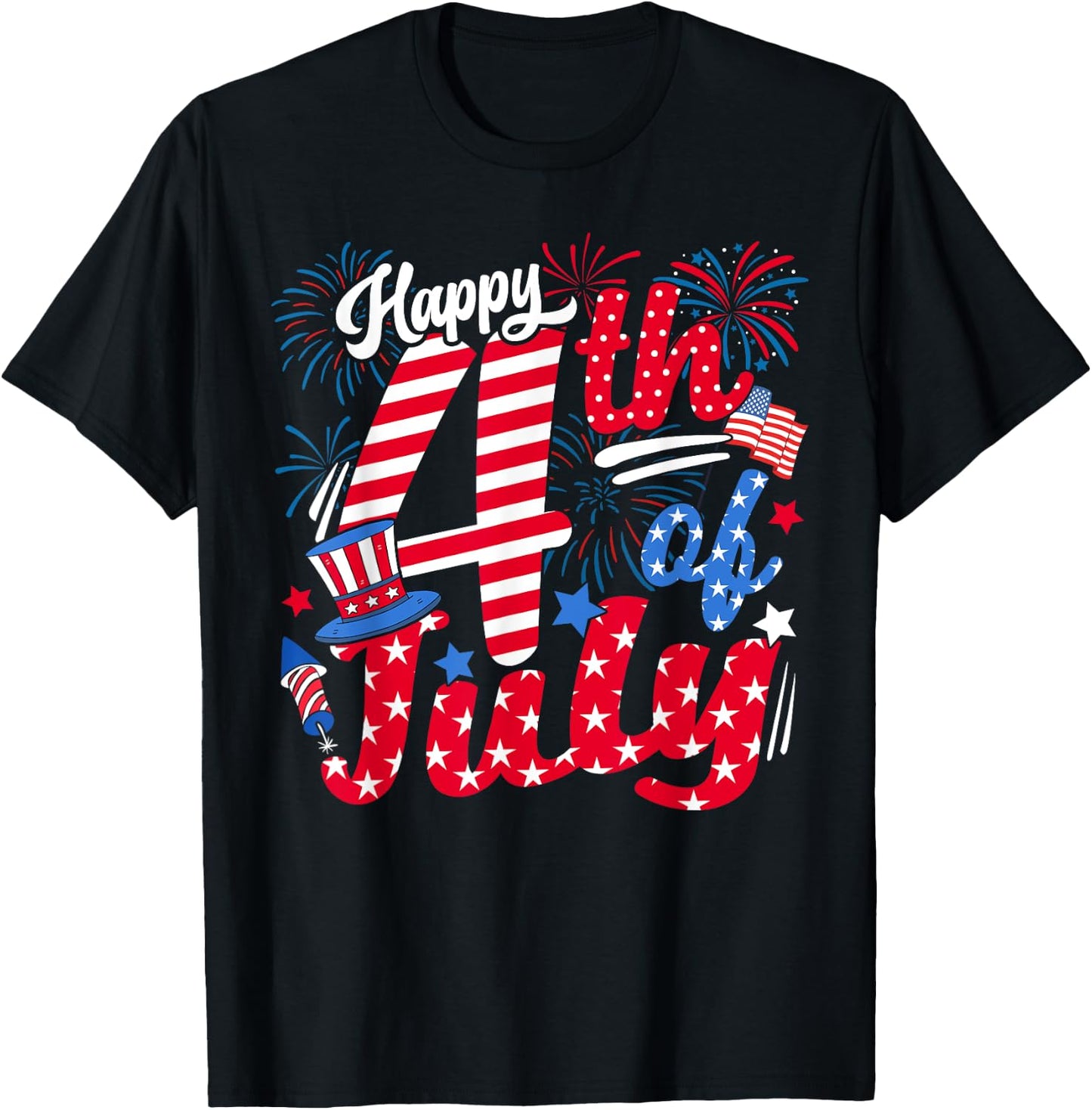 Happy 4th of July US Flag American 4th of July Independence Women Girls Kids Men T-Shirt - T-Shirt | Black