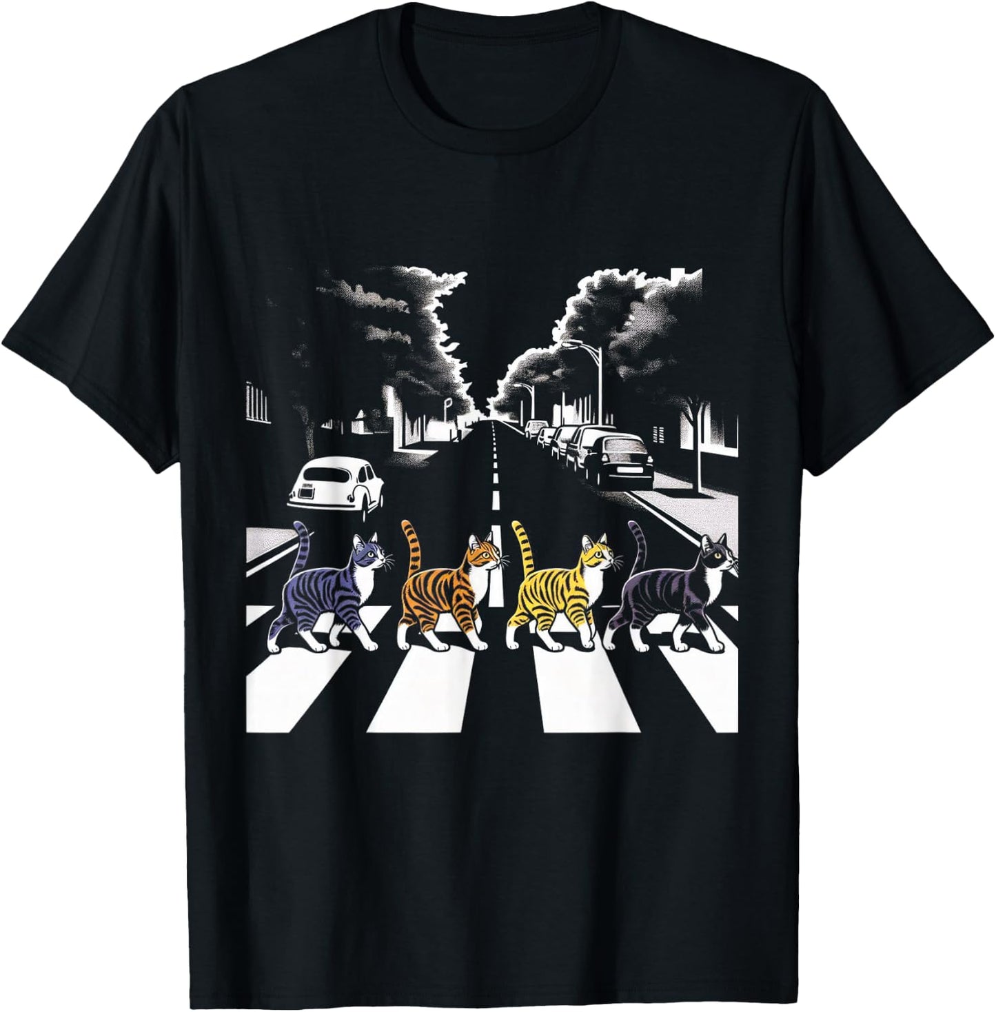 Cat Crosswalk Parody - Colorful Cats Crossing Road Funny T-Shirt - T-Shirt | Black