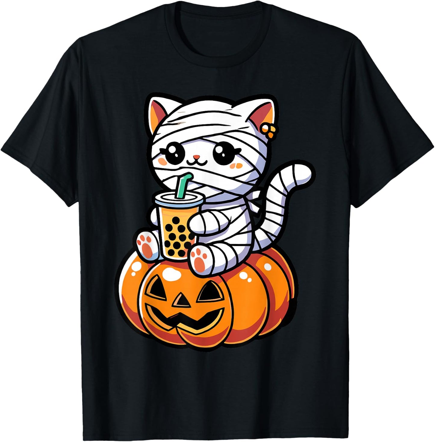 Kawaii Mummy Cat Drinking Boba Tea Halloween Pumpkin Men Women Kids T-Shirt - T-Shirt | Black