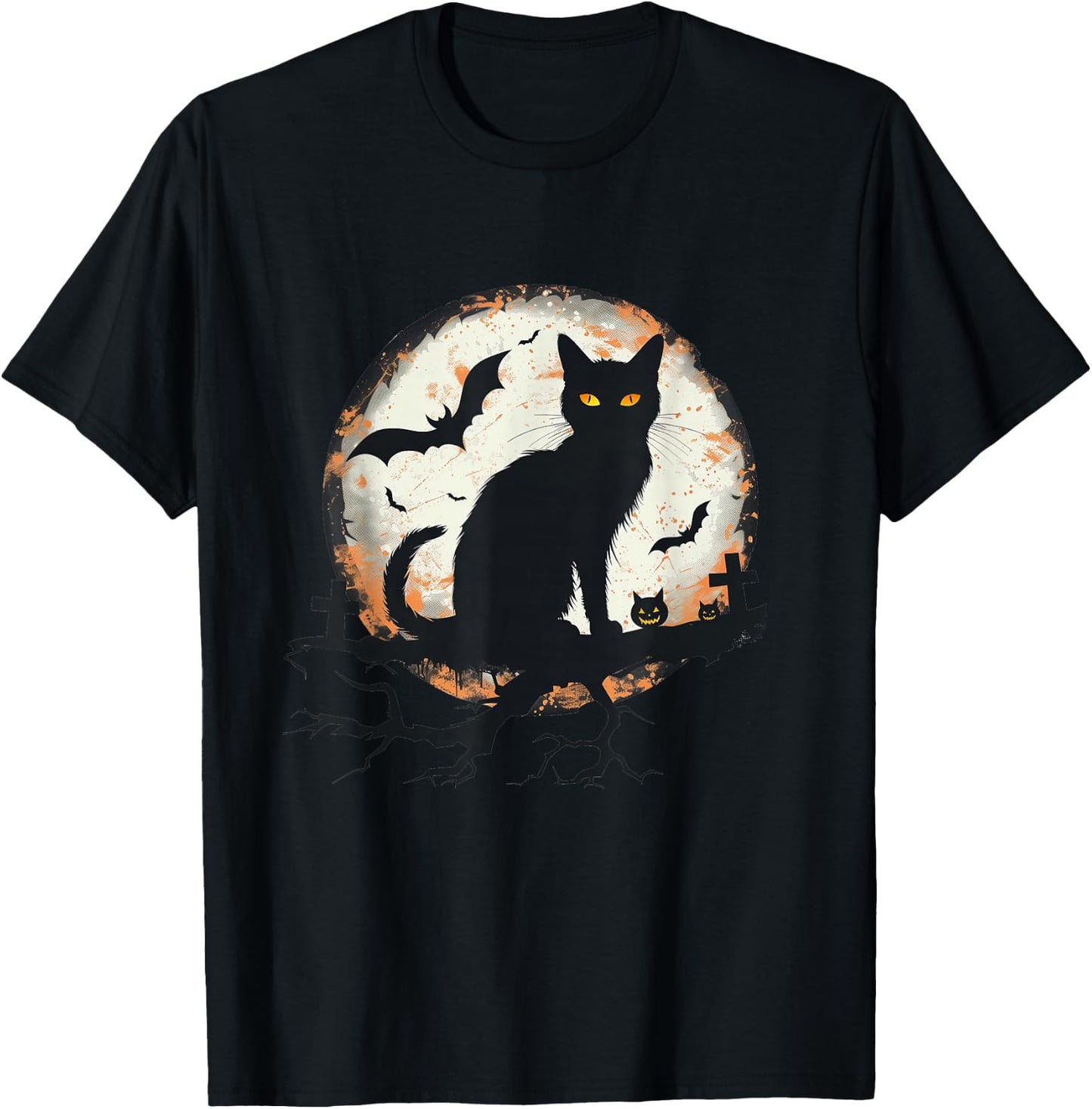 Halloween Cat Pumpkin Bat Moon Cemetery Scary Men Women Kids T-Shirt - T-Shirt | Black