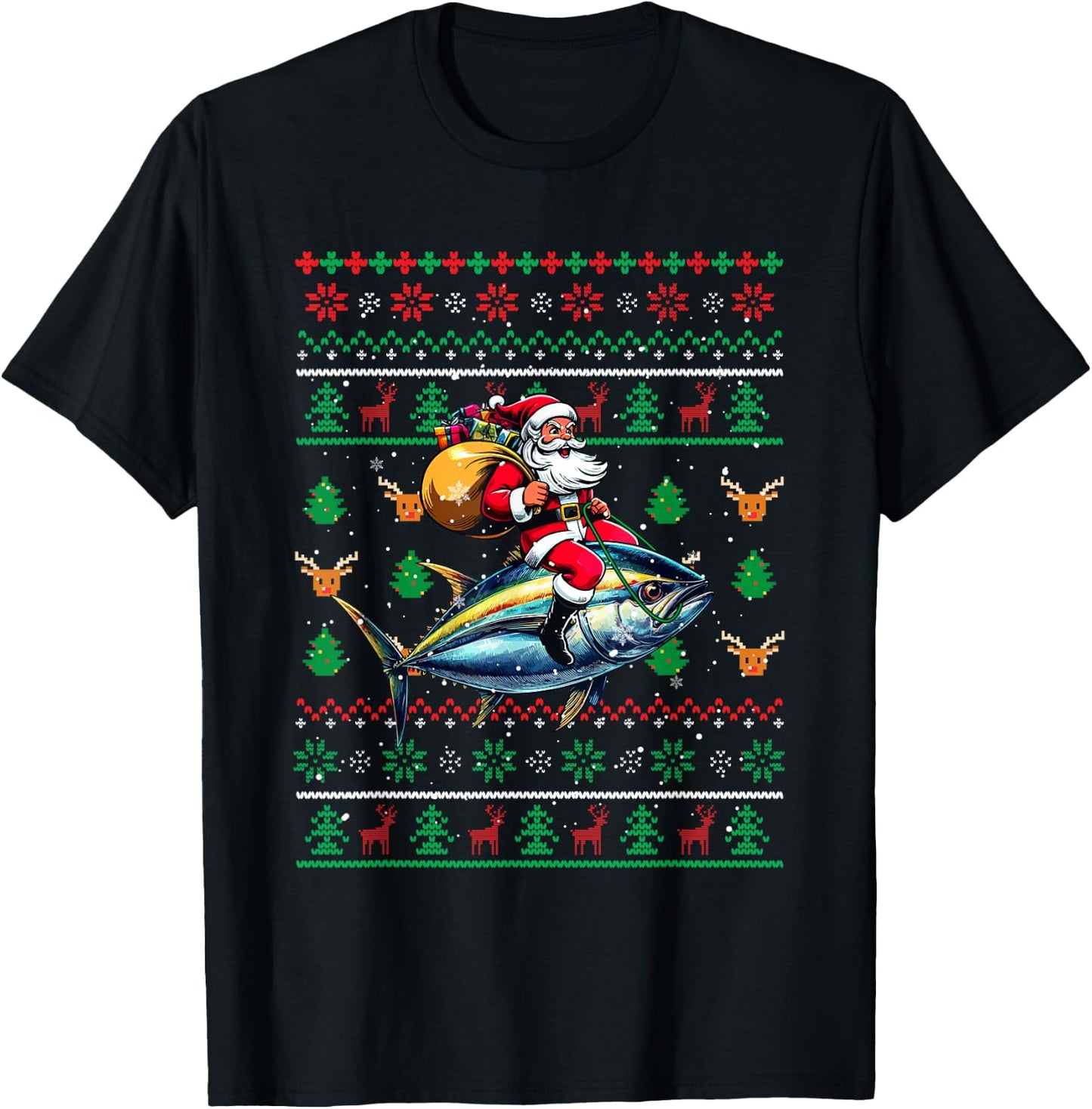 Santa Riding Tuna Christmas Sweater Fishing Fisherman T-Shirt - T-Shirt | Black