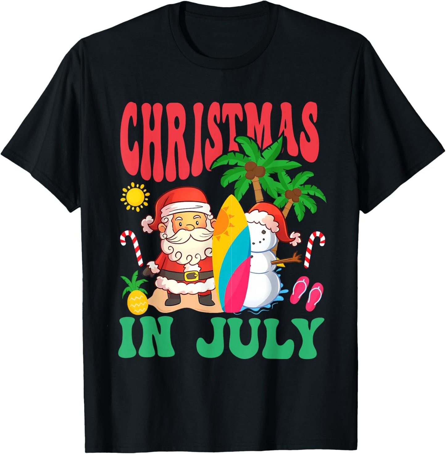 Santa Surfing Hawaiian Beach Christmas In July 2026 T-Shirt - T-Shirt | Black