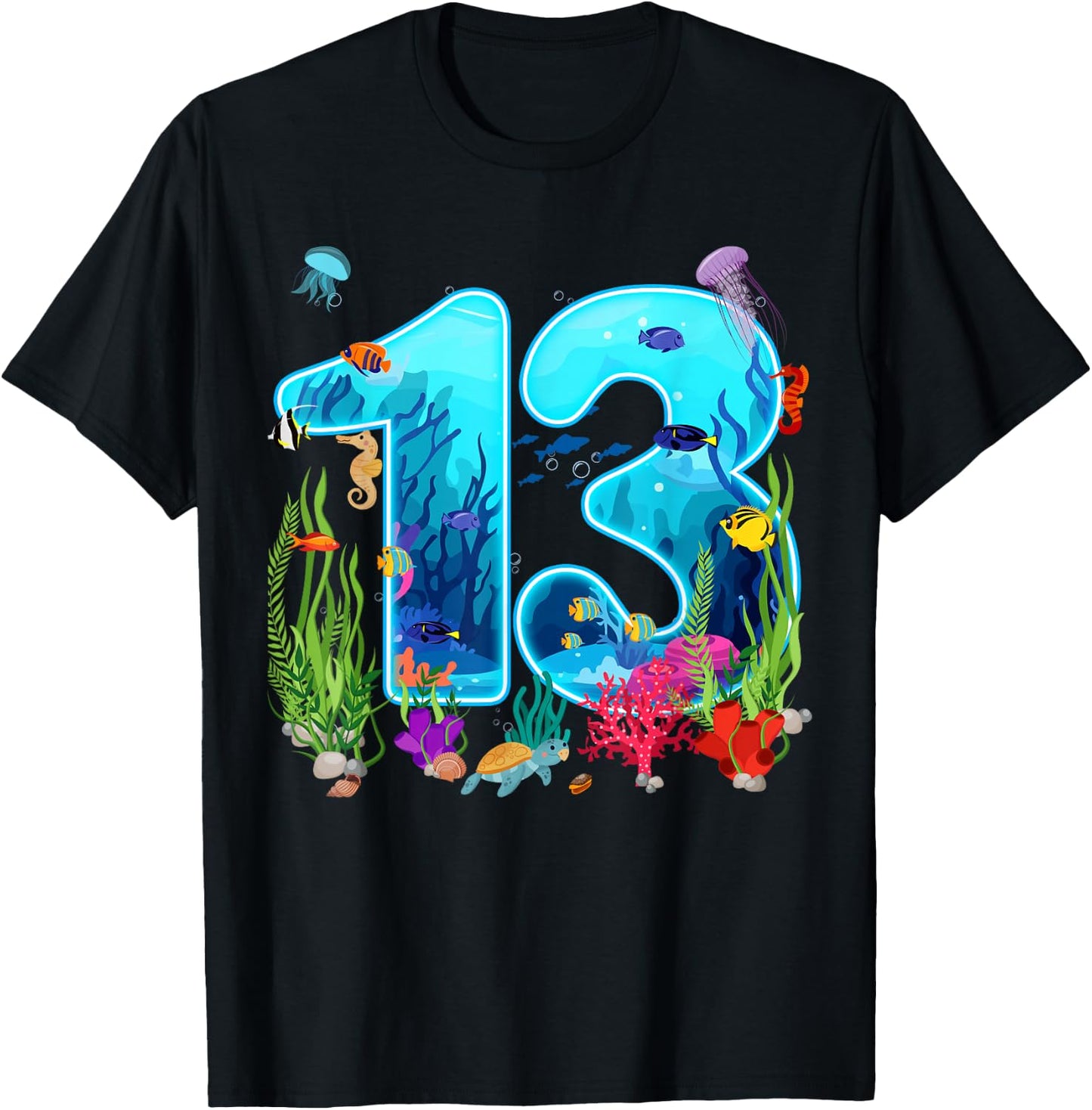 Cute 13 Ocean Sea Animal 13th Bday Party 13 Years Old T-Shirt - T-Shirt | Black