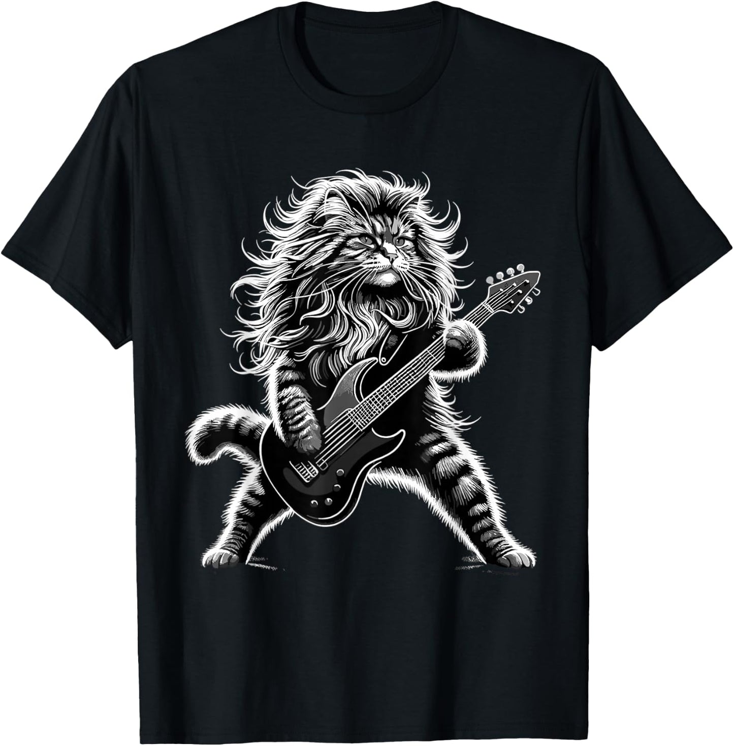 Rock and Roll Cat Playing Guitar T-Shirt - T-Shirt | Black