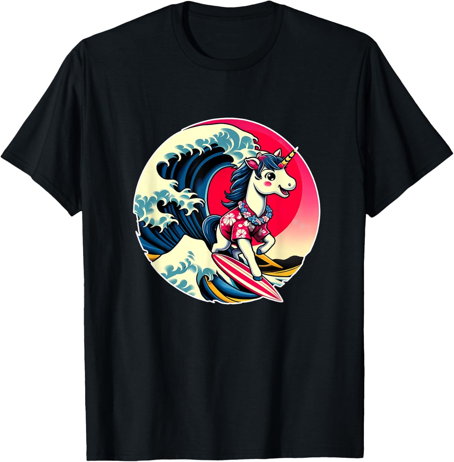 Great Wave Kanagawa Unicorn Surfing T-Shirt - T-Shirt | Black