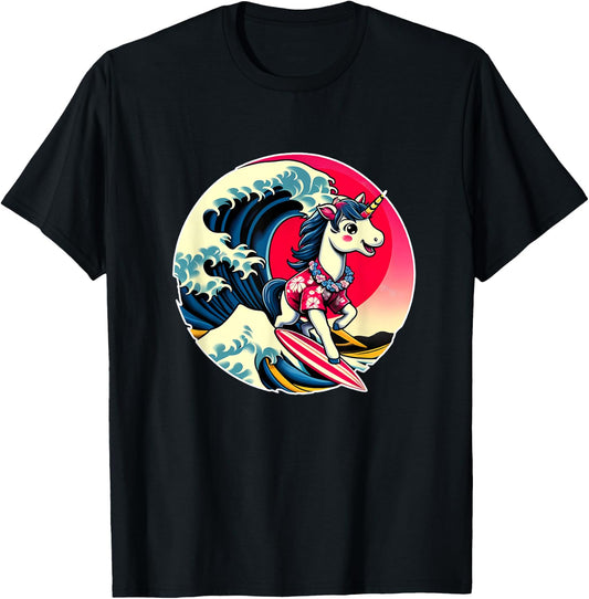 Great Wave Kanagawa Unicorn Surfing T-Shirt - T-Shirt | Black
