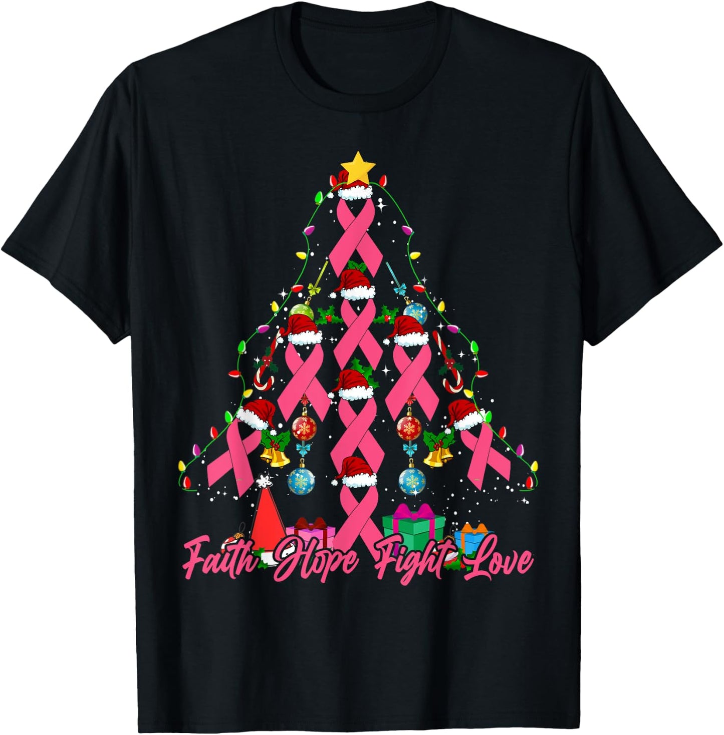 Santa Pink Ribbon Christmas Tree Breast Cancer Awareness T-Shirt - T-Shirt | Black