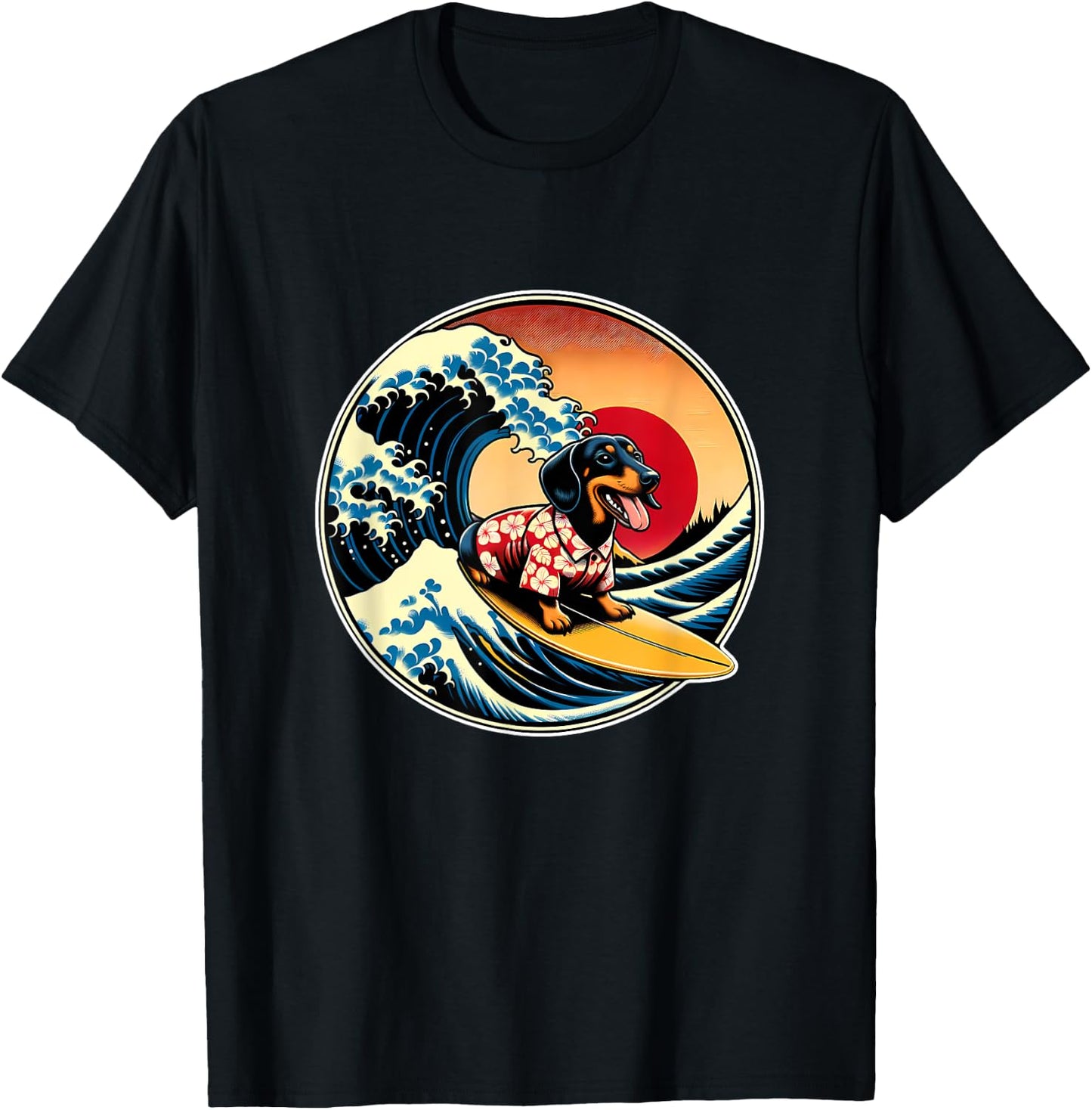 Great Wave Kanagawa Weiner Dachshund Dog Surfing Men Women Kids T-Shirt - T-Shirt | Black