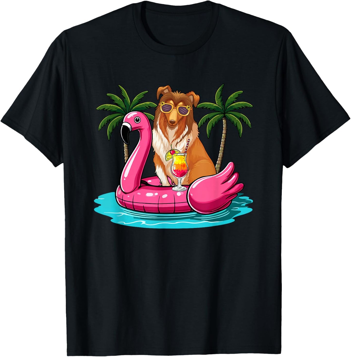 Sheltie Sunglasses On Flamingo Cute Float Costume Summer T-Shirt - T-Shirt | Black