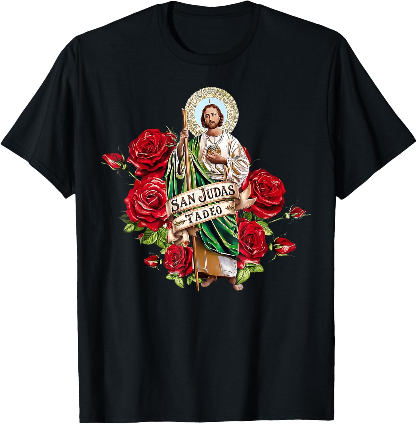 Girls Women Red Roses San Judas Tadeo Con Bandera De Mxico T-Shirt - T-Shirt | Black