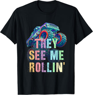 Funny THEY SEE ME ROLLIN' This Kid Loves Hate Monster Trucks T-Shirt - T-Shirt | Black