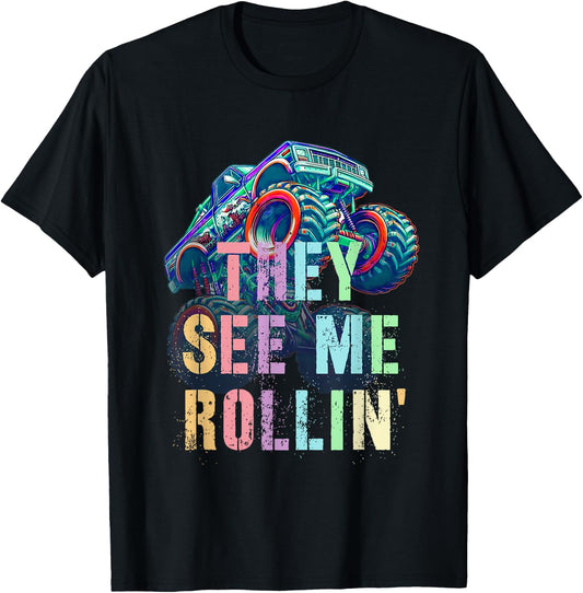Funny THEY SEE ME ROLLIN' This Kid Loves Hate Monster Trucks T-Shirt - T-Shirt | Black