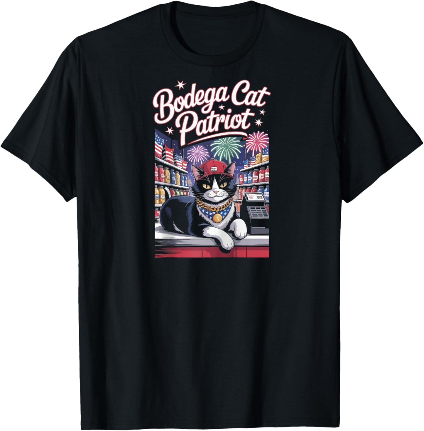 Patriotic Cat Fireworks Grocery Bodega July 4th Style Raglan Baseball T-Shirt - T-Shirt | Black