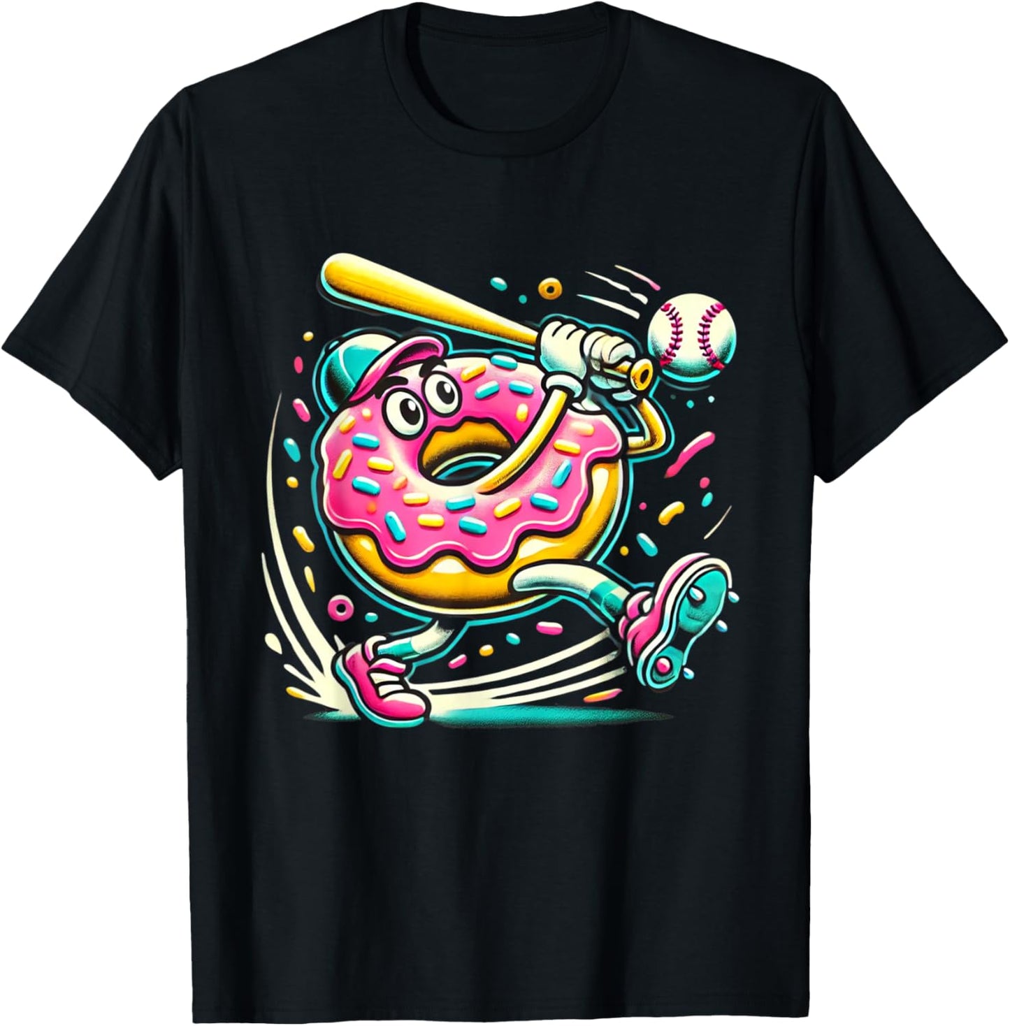 Funny Donut Playing Baseball Food Champ Sports Donut T-Shirt - T-Shirt | Black