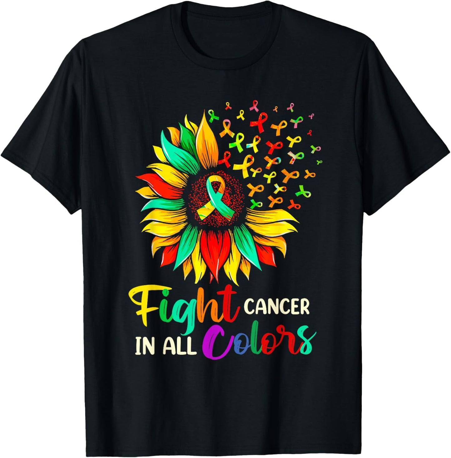Fight Cancer In All Color Sunflower Breast Cancer Awareness T-Shirt - T-Shirt | Black