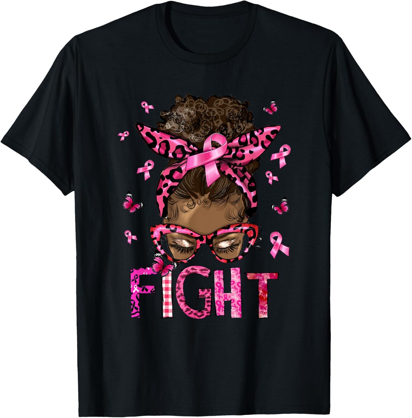 Fight Breast Cancer Survivor Messy Bun Black Women Warrior T-Shirt - T-Shirt | Black