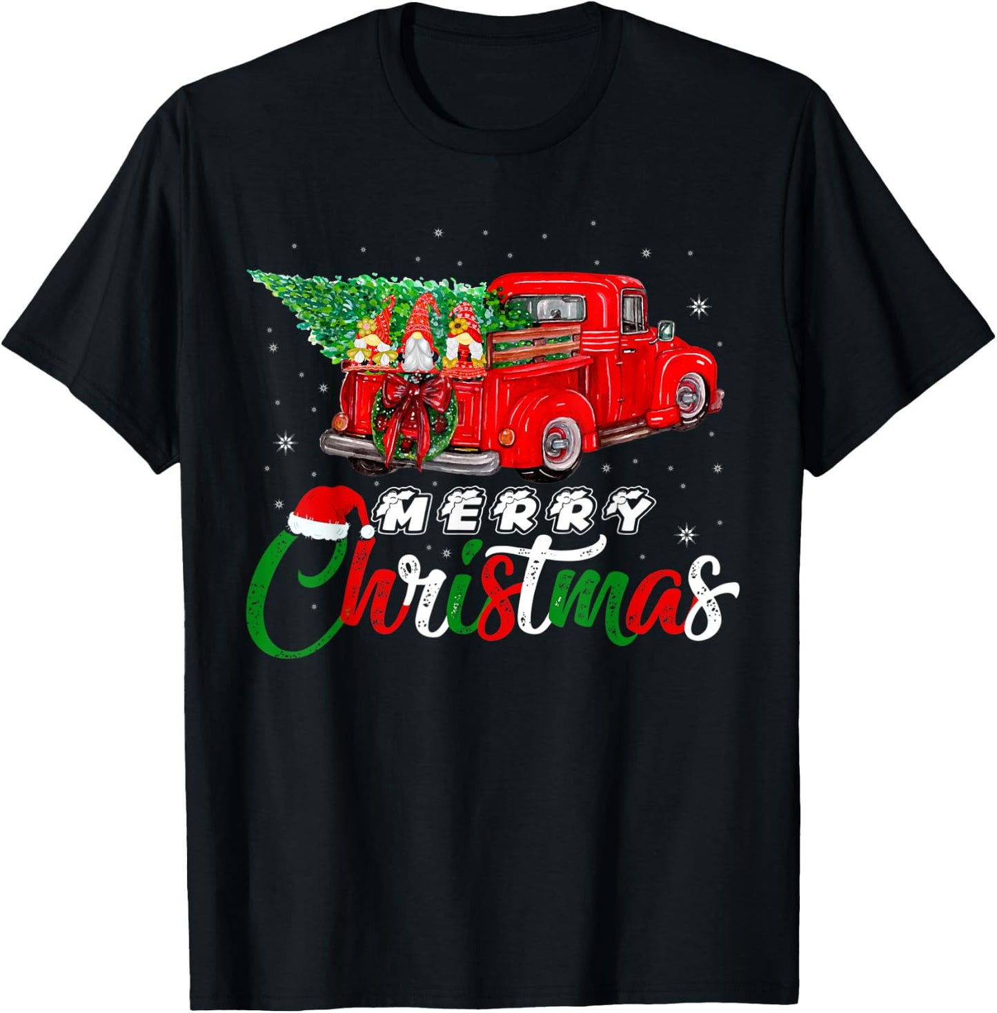 Three Gnomes In Red Truck With Christmas Pine Tree Xmas Day T-Shirt - T-Shirt | Black