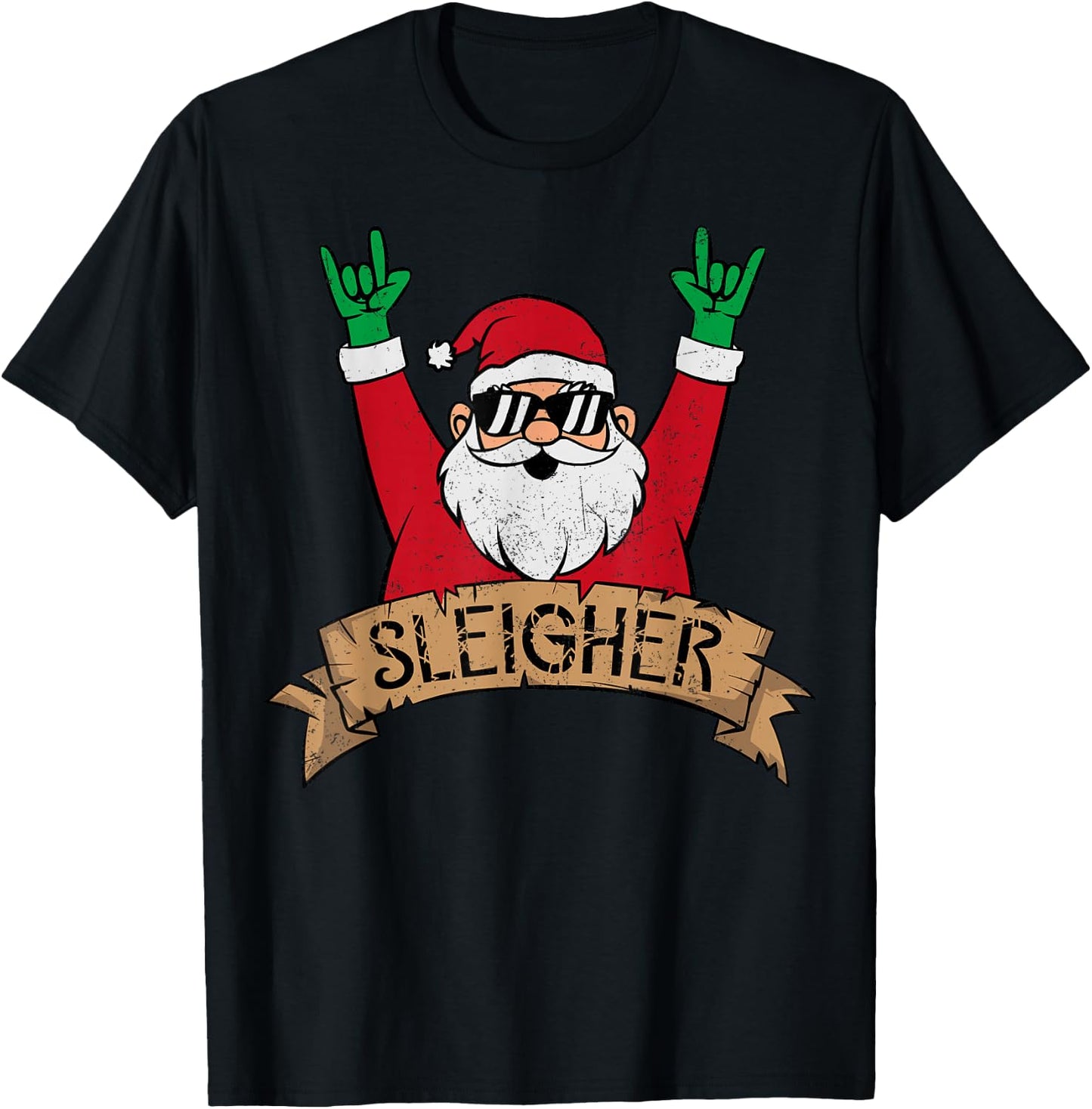 Christmas Sleigher Santa Rock On Xmas Rocker T-Shirt - T-Shirt | Black