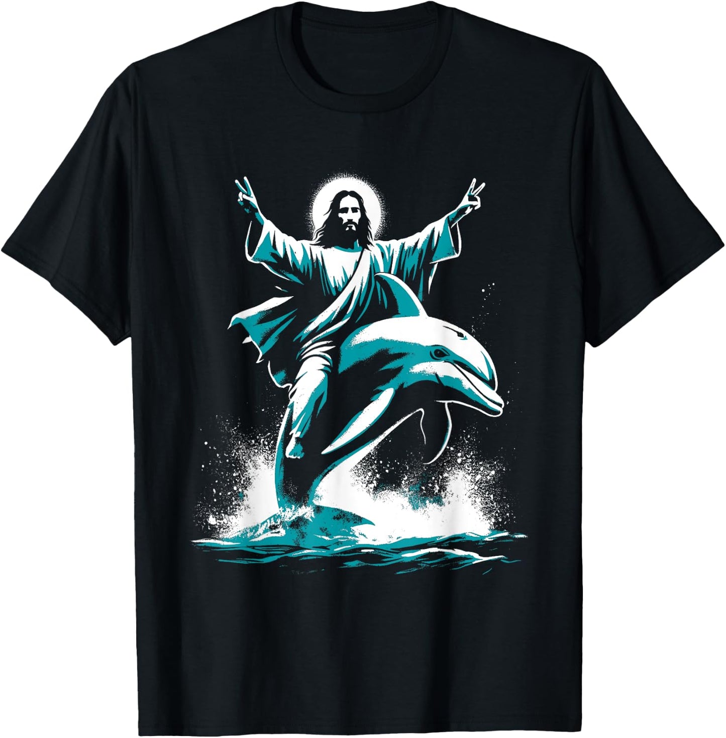 Jesus Riding A Dolphin - Funny Christian Religious Dolphin T-Shirt - T-Shirt | Black
