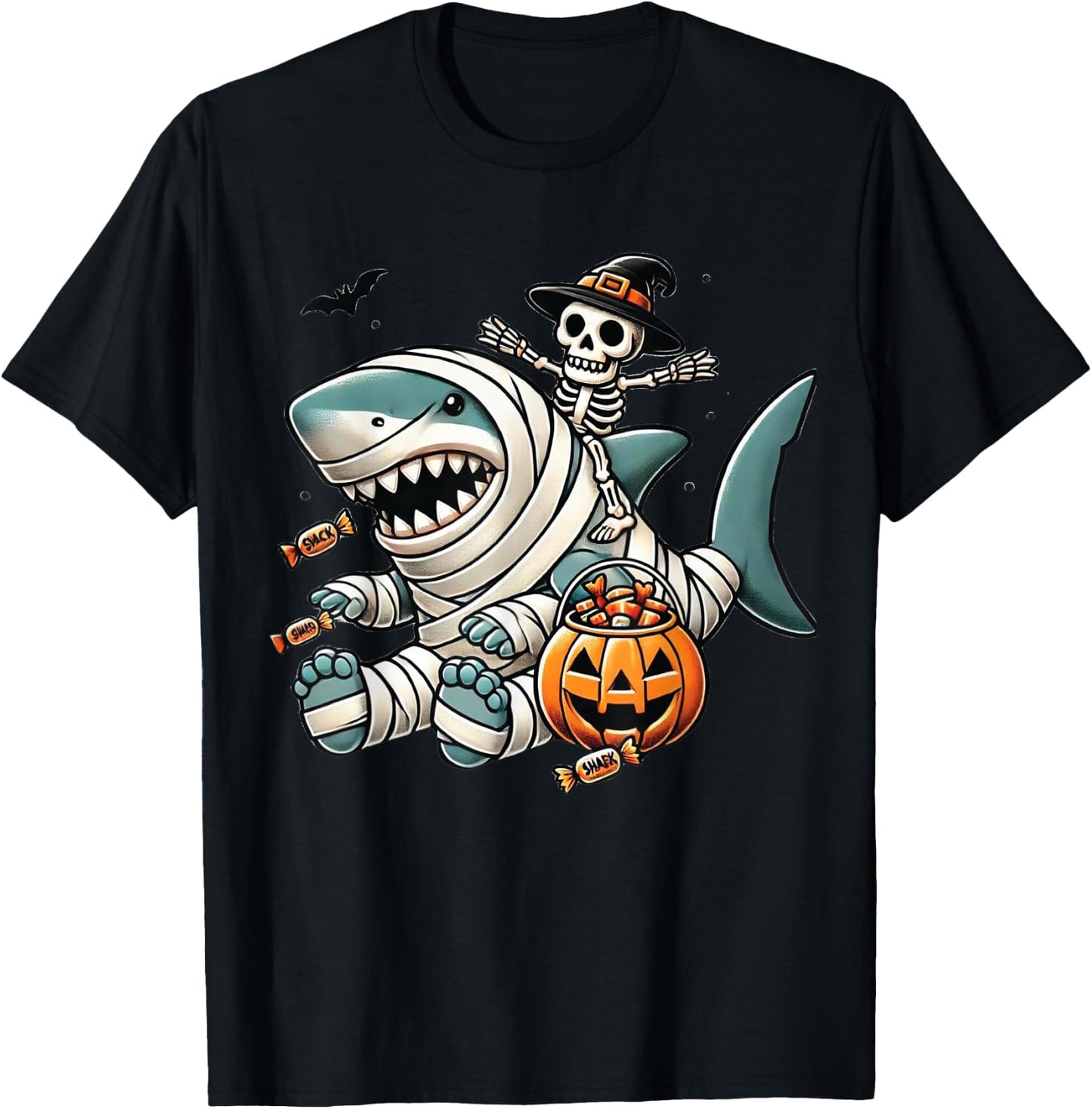 Skeleton Riding Shark Funny Halloween Pumpkin Boys Kids T-Shirt - T-Shirt | Black