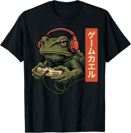 Japanese Gamer Frog Retro Controller Video Game Player T-Shirt - T-Shirt | Black