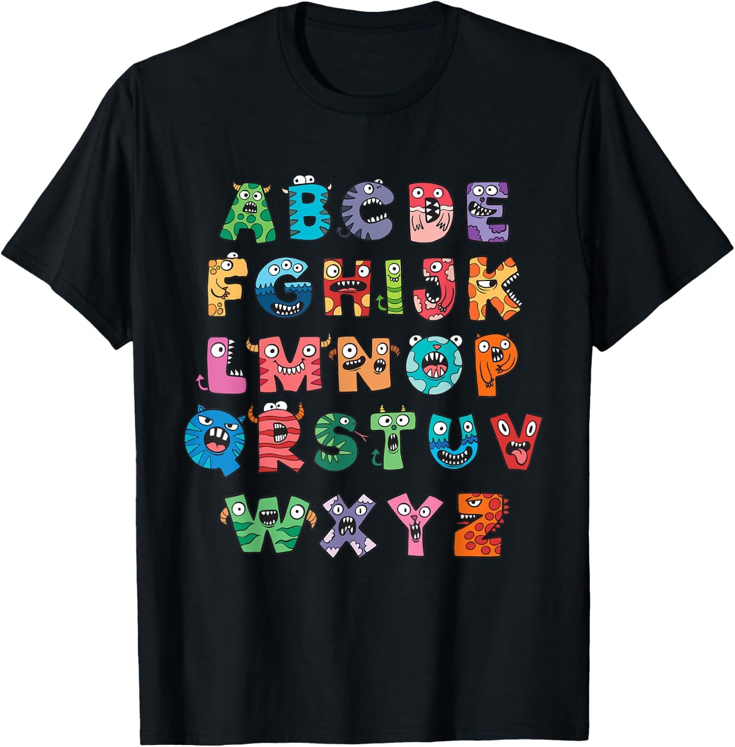 Monster Alphabet Fun Colorful Educational Kids T-Shirt - T-Shirt | Black