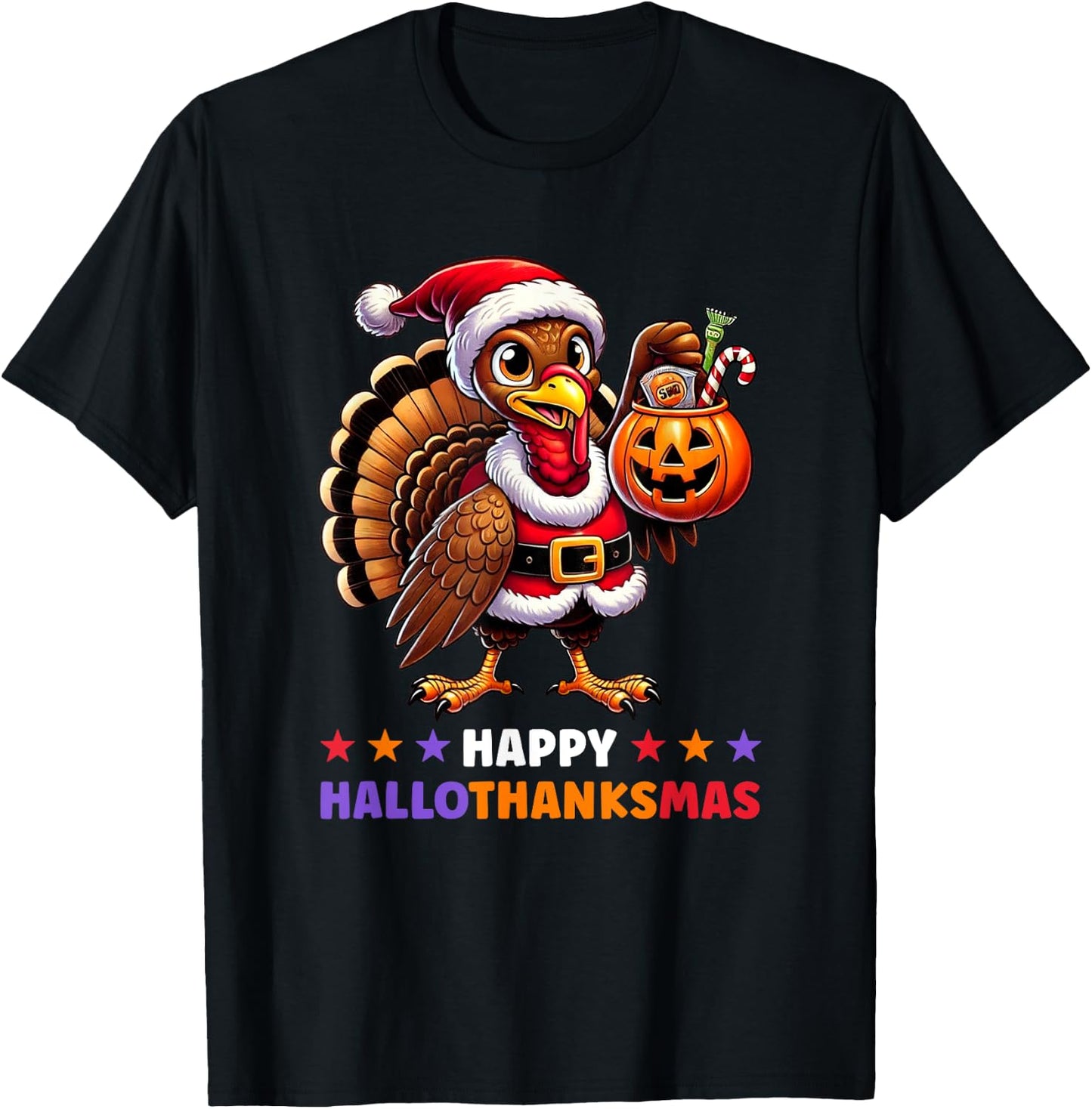 Happy HalloThanksMas Halloween Thanksgiving Xmas Funny T-Shirt - T-Shirt | Black