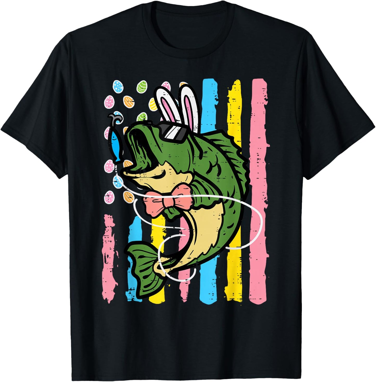 Easter Bass Fish Bunny US Flag Patriot Fishing Men Women Kid T-Shirt - T-Shirt | Black
