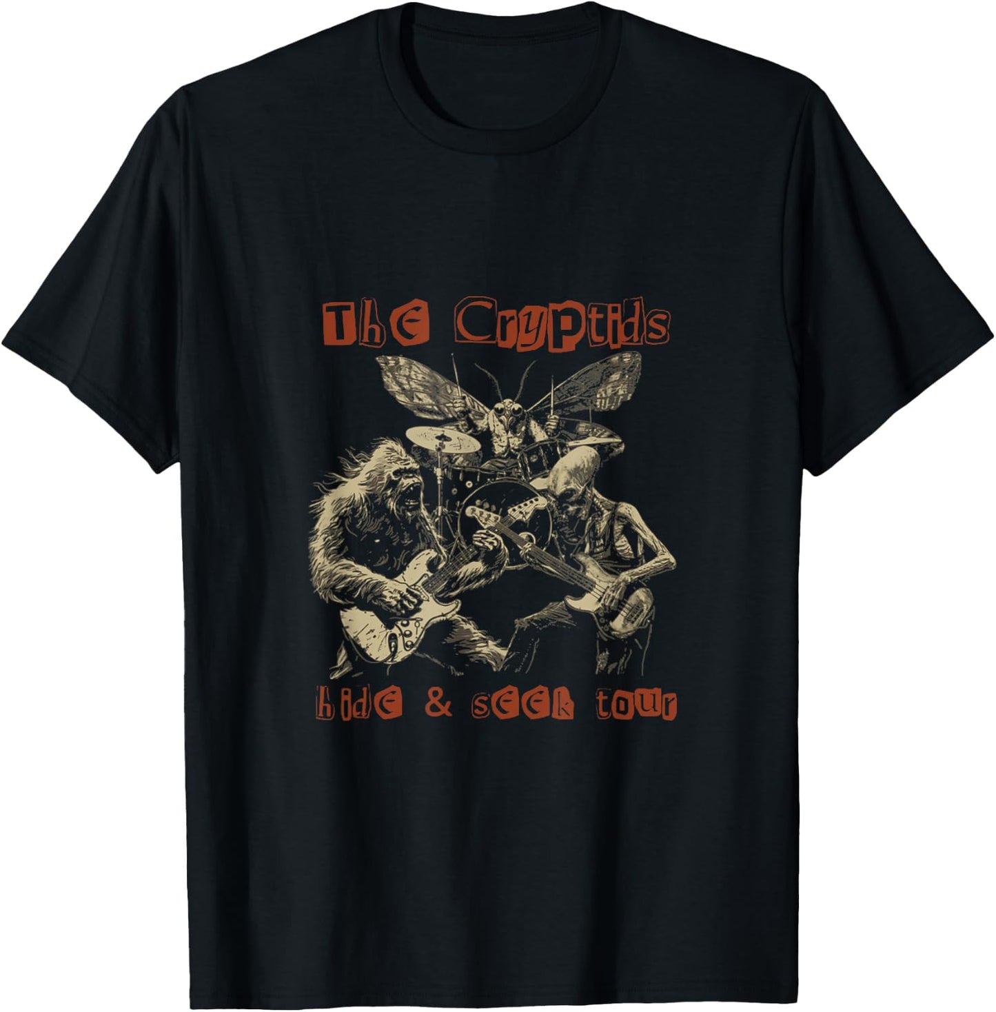 The Cryptids Hide & Seek Tour CryptidBigfoot Mothman UFO T-Shirt - T-Shirt | Black