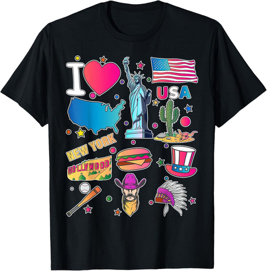 hand drawn American travel symbols, USA map, Cultural icons T-Shirt - T-Shirt | Black