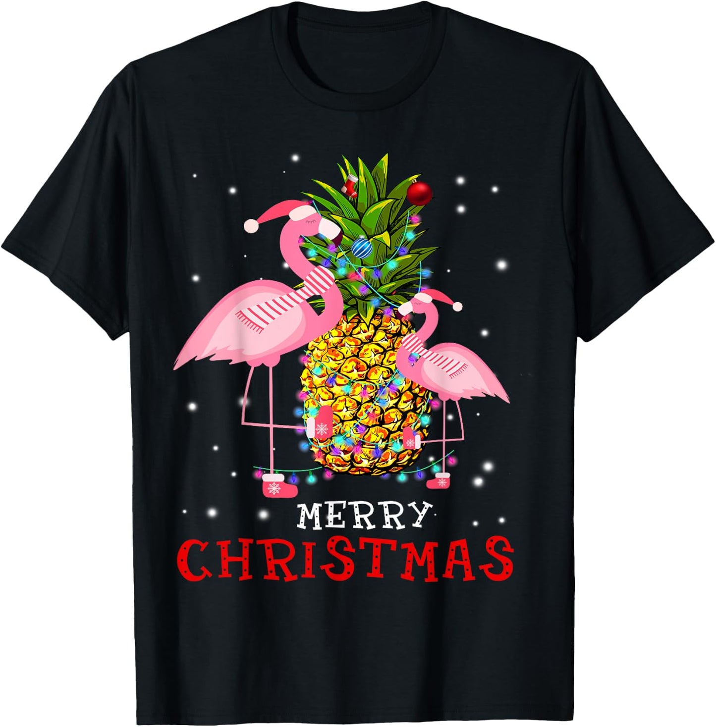 Flamingo Christmas Tree Pineapple Xmas Light Merry Christmas T-Shirt - T-Shirt | Black