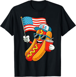 4th of July Hotdog Funny Fourth of July Patriotic USA Flag T-Shirt - T-Shirt | Black